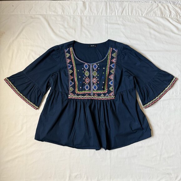 eshakti Tops - eShakti XL Custom Navy Blue Stretch Embroidered Boho Style Bell Peplum Top